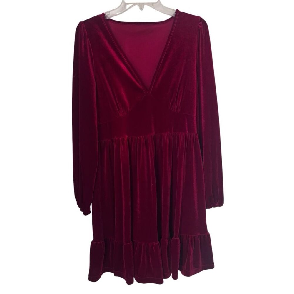 Velvet Deep Burgundy Romantic Goth V-Neck Long Sleeve A-Line Swing Mini Dress L